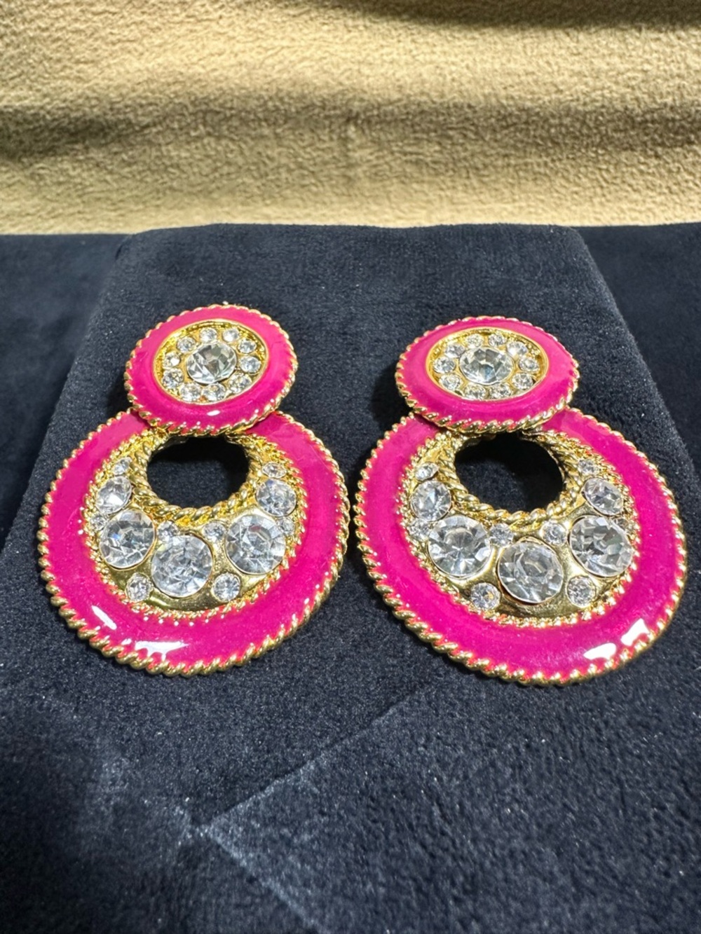 NOS Vtg Rhinestone & Barbie Pink Enamel Door Knocker Style Earring’s